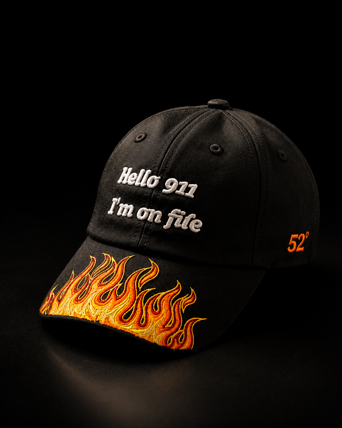 Black cap with flame design and text on a black background