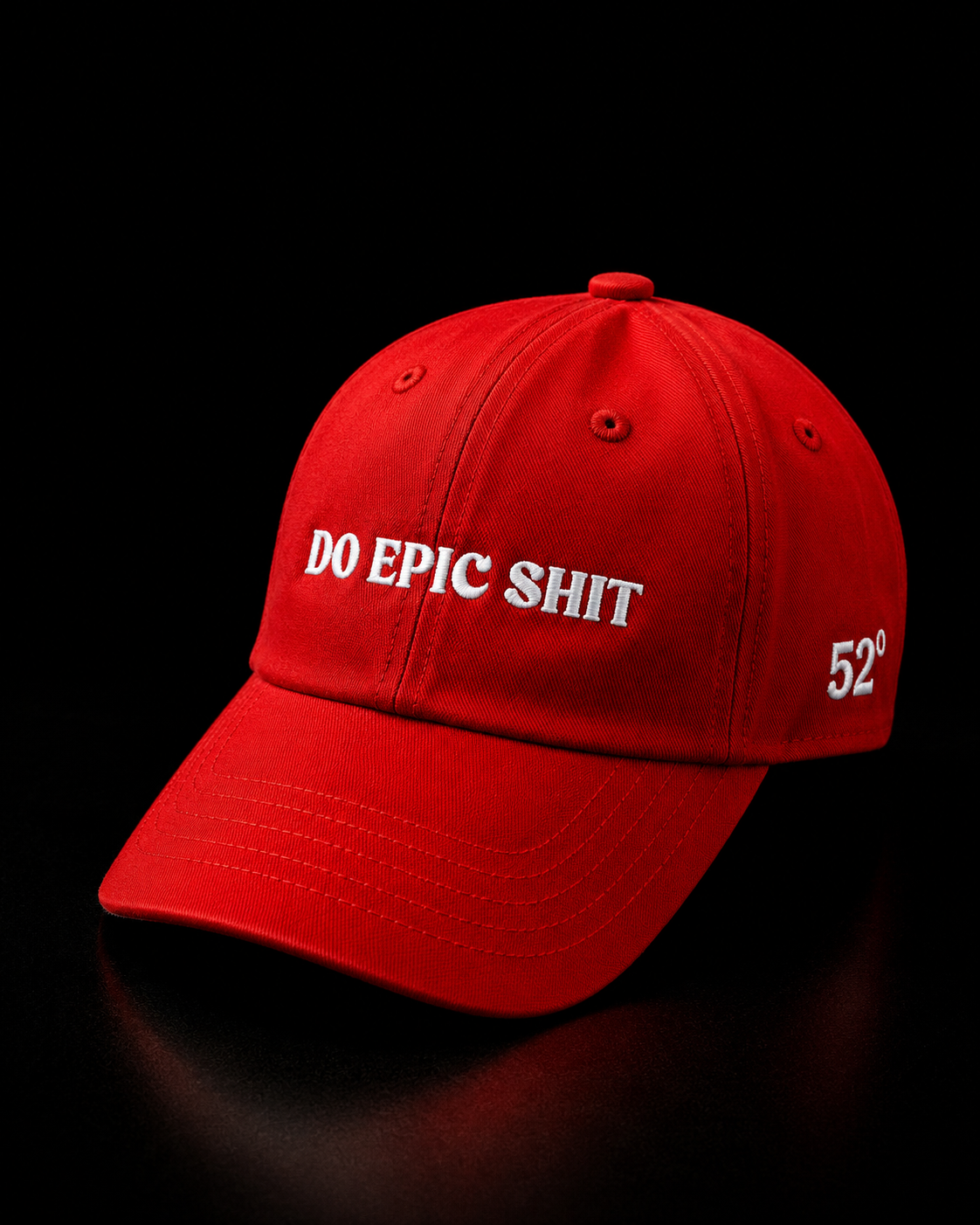 Red cap with 'DO EPIC SHIT' text on a black background