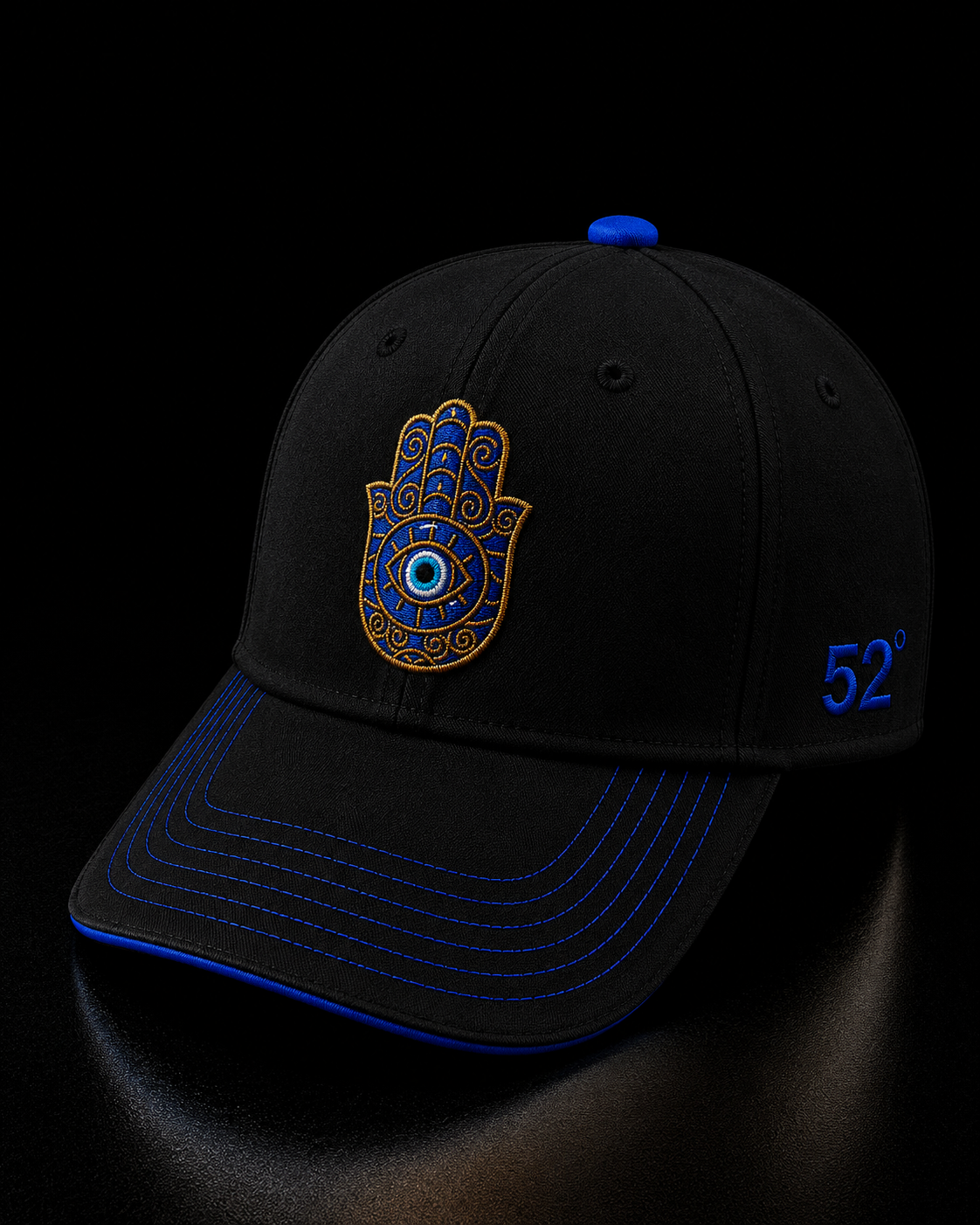 Black cap with Hamsa hand design and '52' logo on a black background