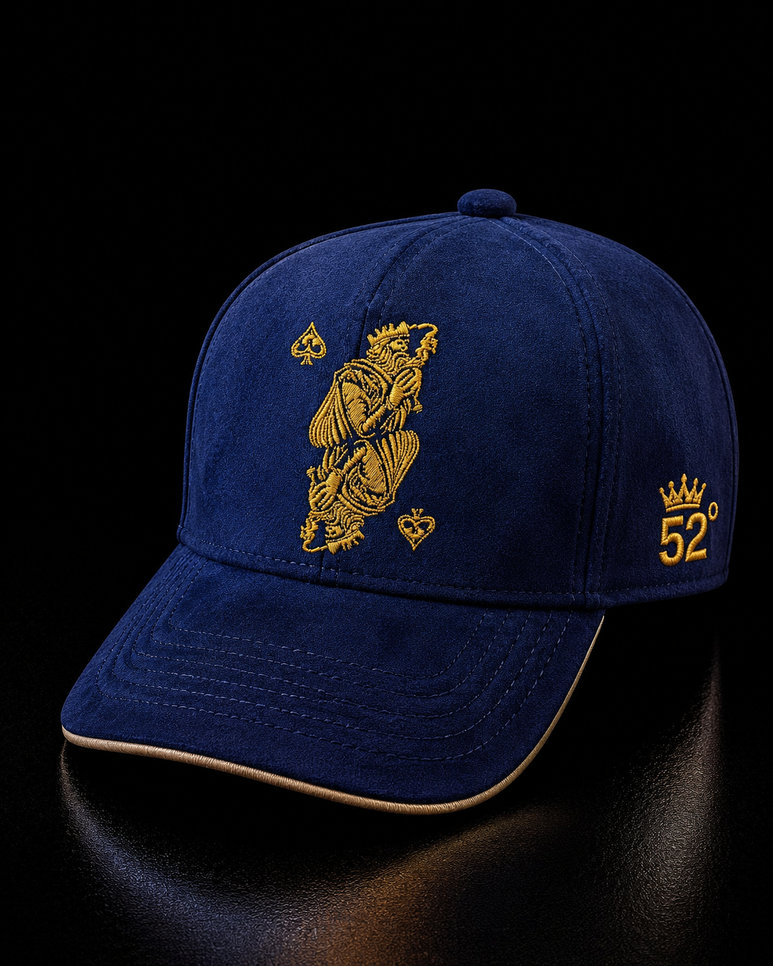Blue cap with gold emblem and '52' logo on a black background