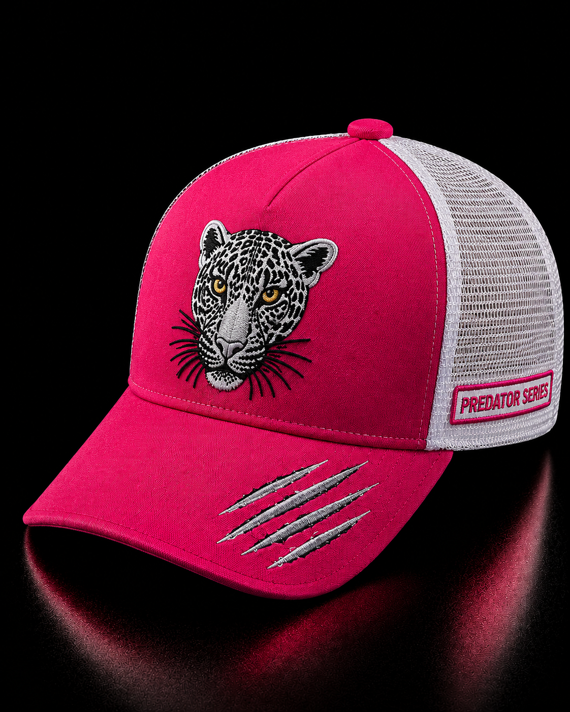 Pink and gray cap with leopard design on a black background