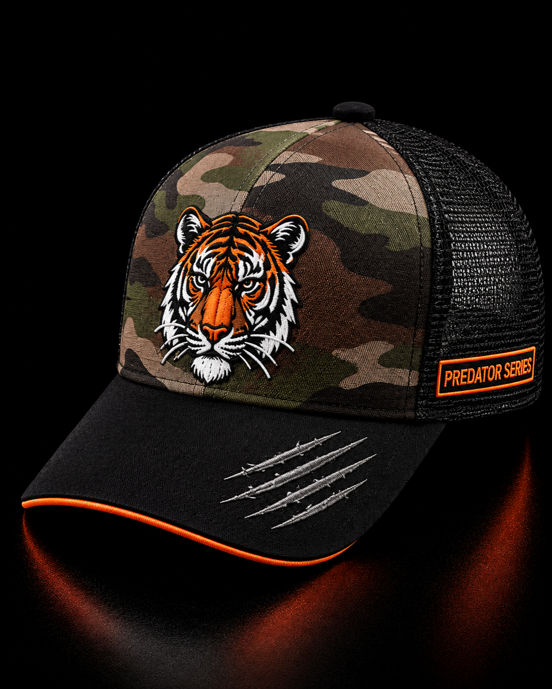 Camouflage cap with tiger design and 'Predator Series' label on a dark background