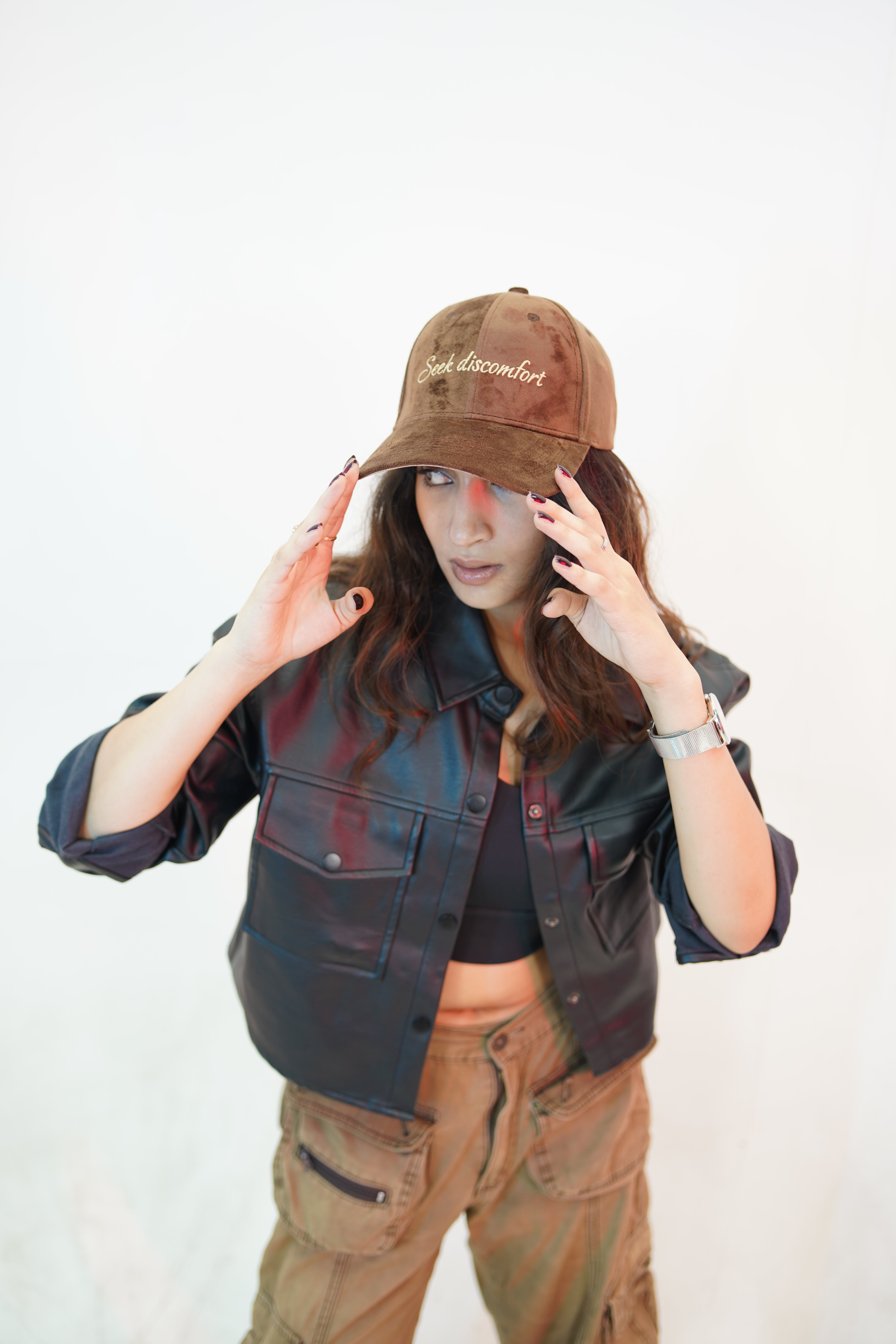 Seek Discomfort - Mocha brown suede unisex baseball cap