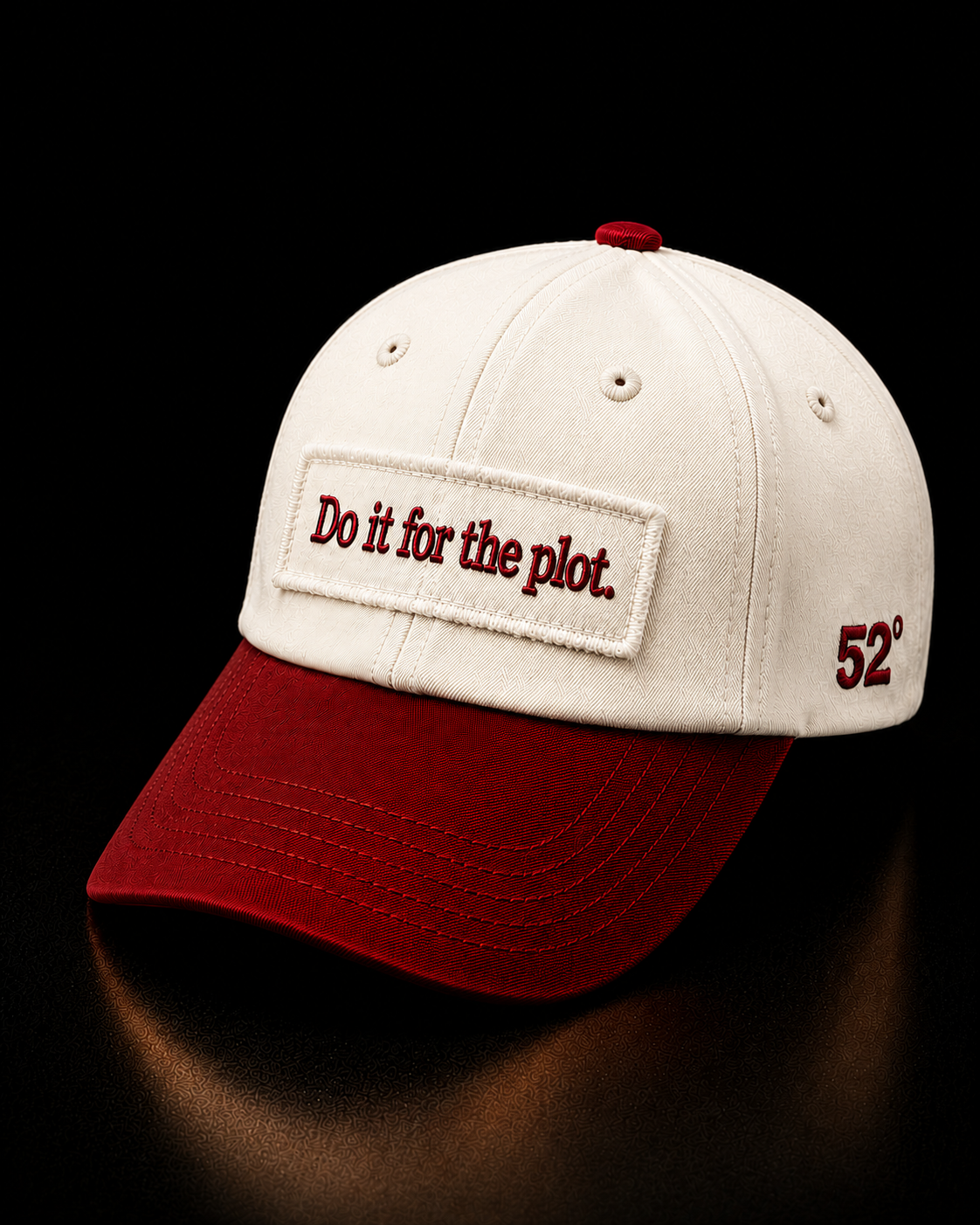White and red cap with text on a black background