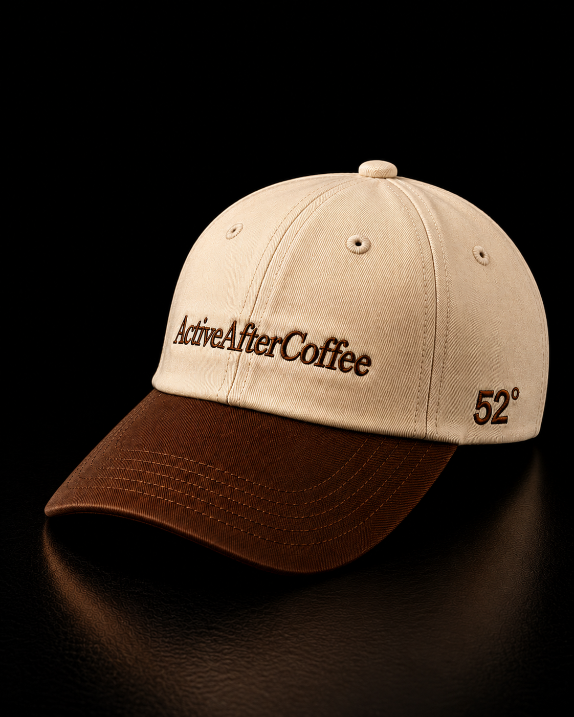 Beige and brown cap with 'Active After Coffee' text on a black background