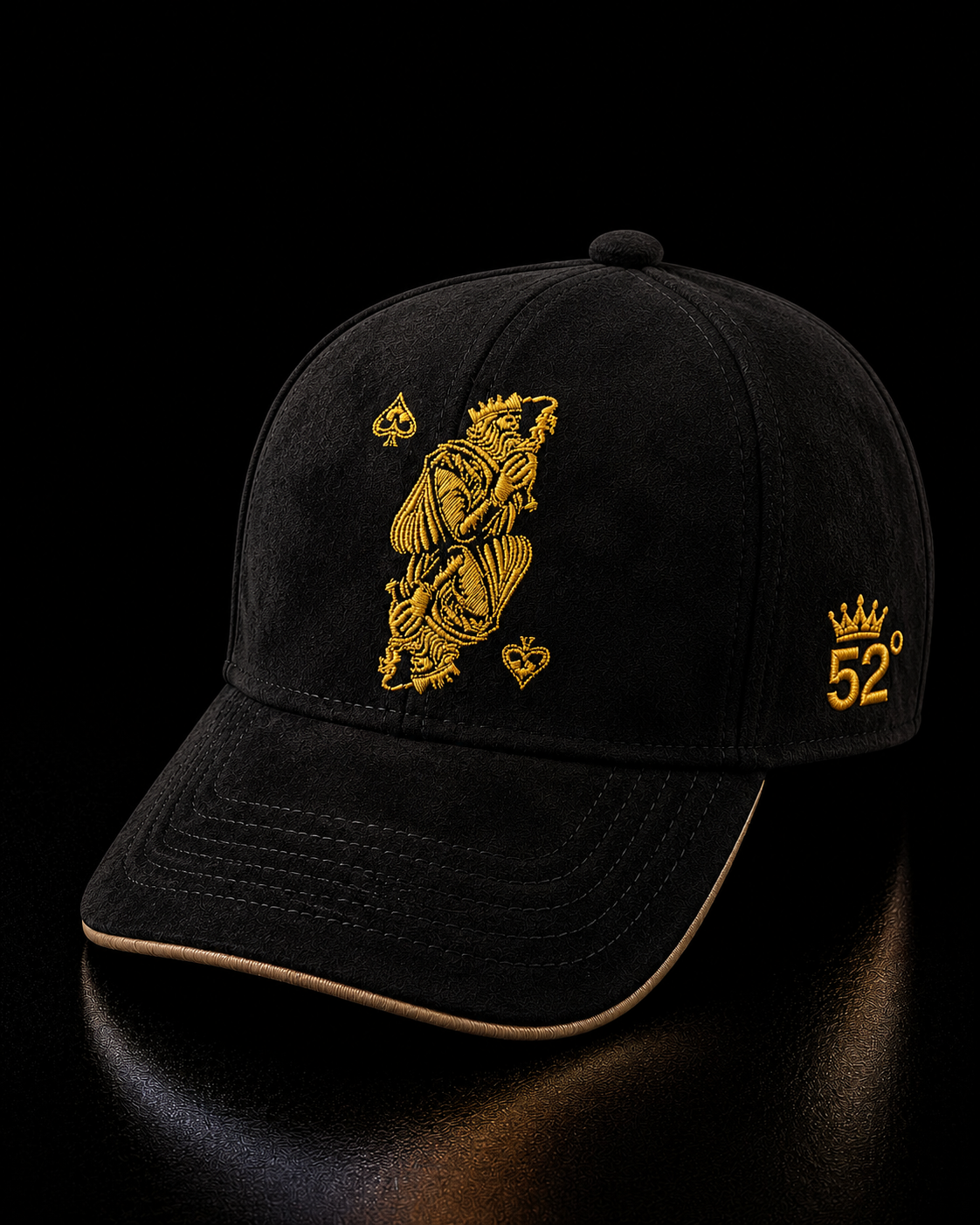 Black cap with gold emblem and '52' logo on a black background