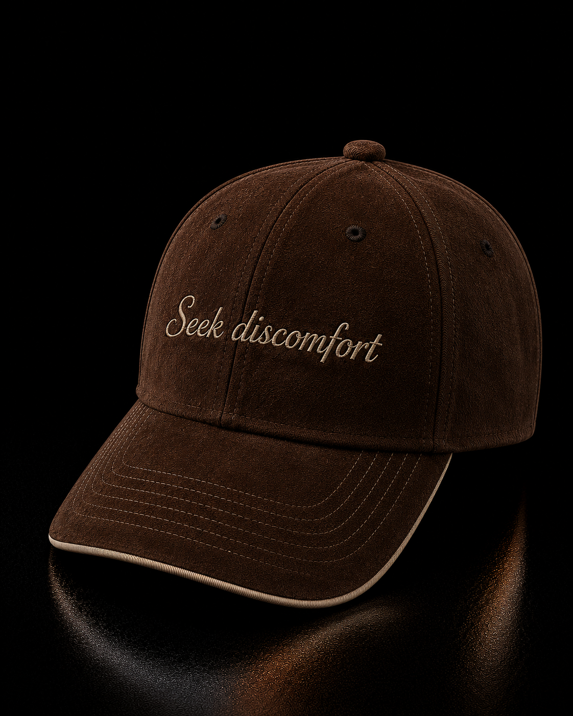 Brown cap with 'Seek discomfort' text on a black background