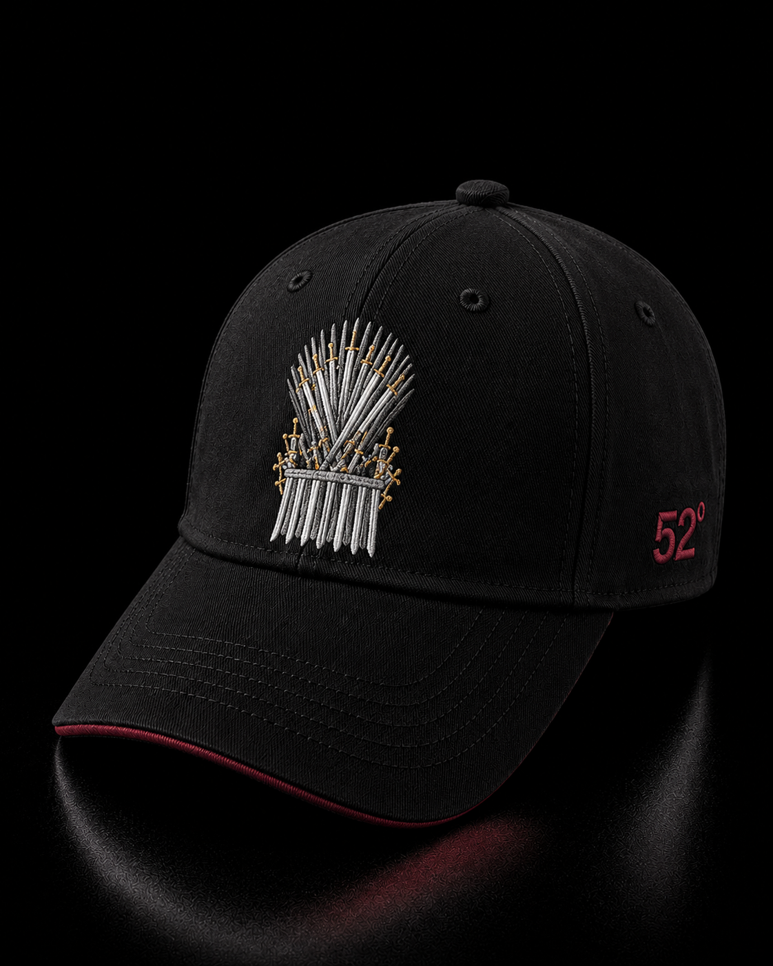 Black cap with embroidered design and '52' logo on a black background