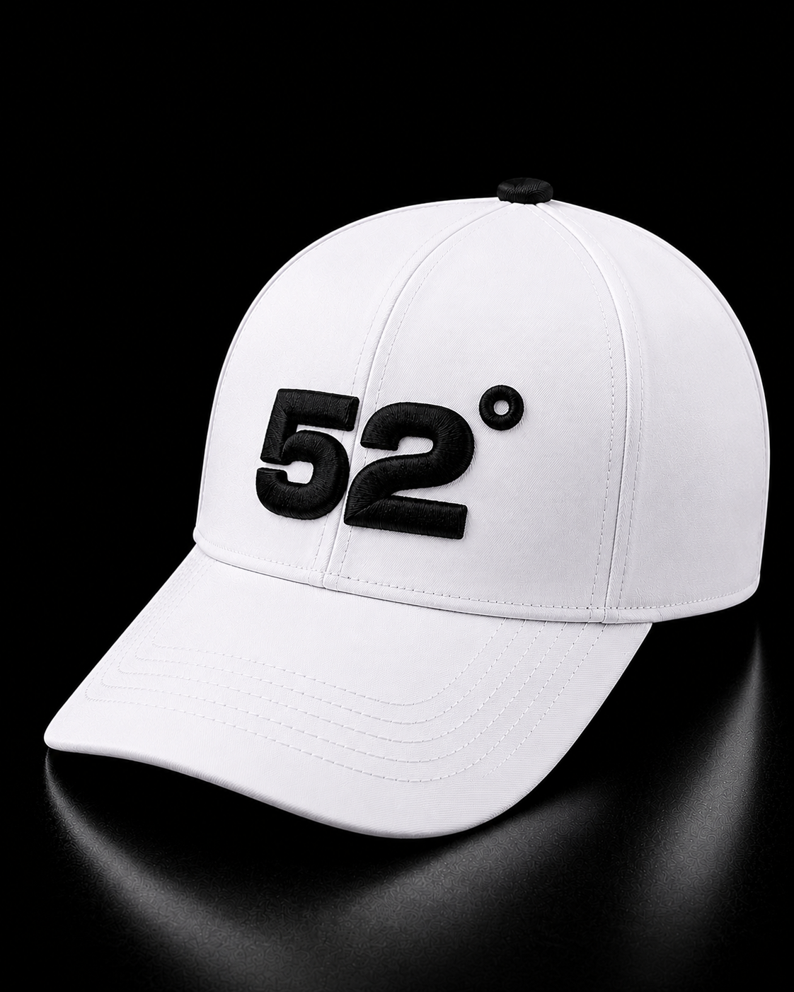 White cap with black '52' logo on a black background