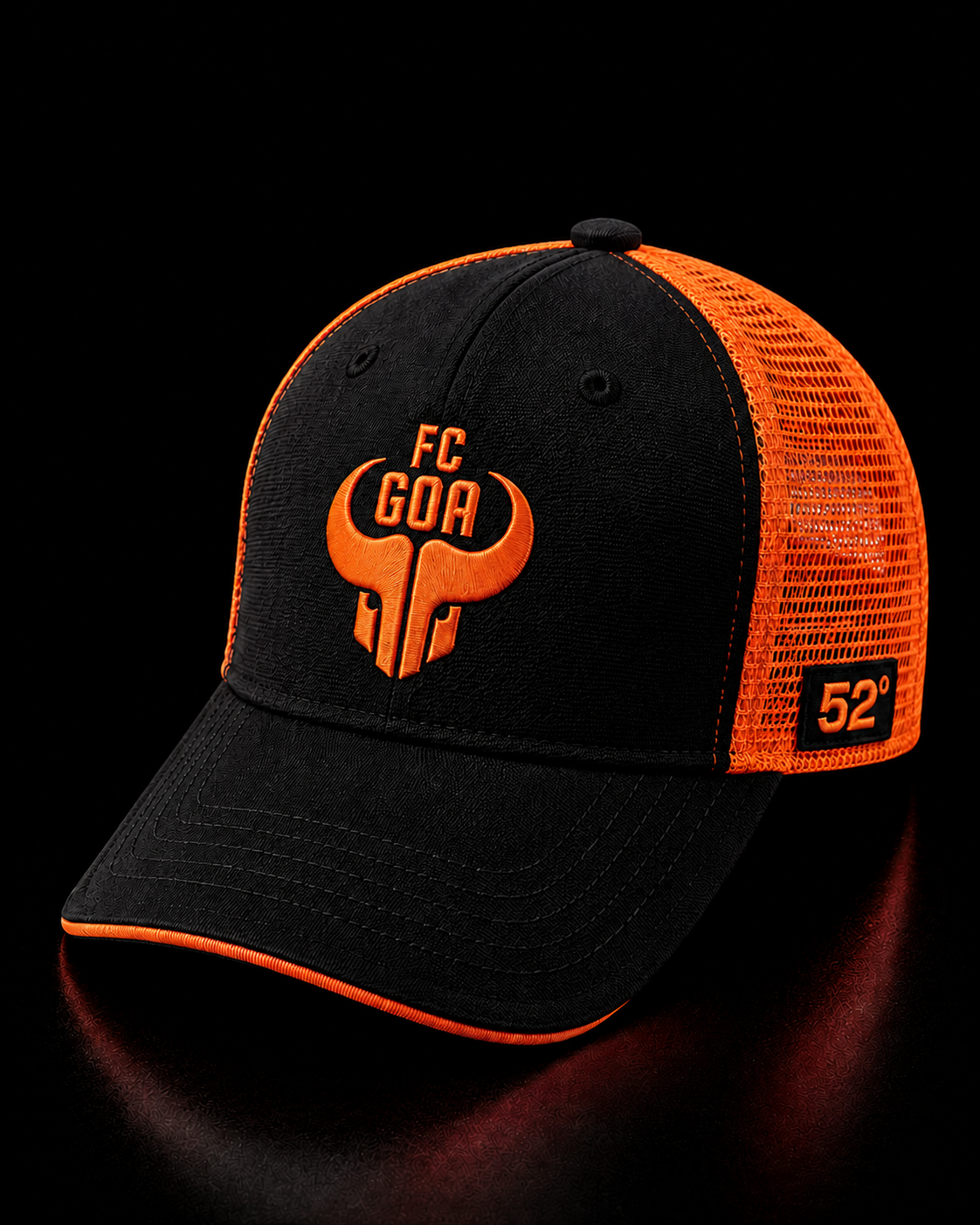 Black and orange cap with 'FC Goa' logo on a black background