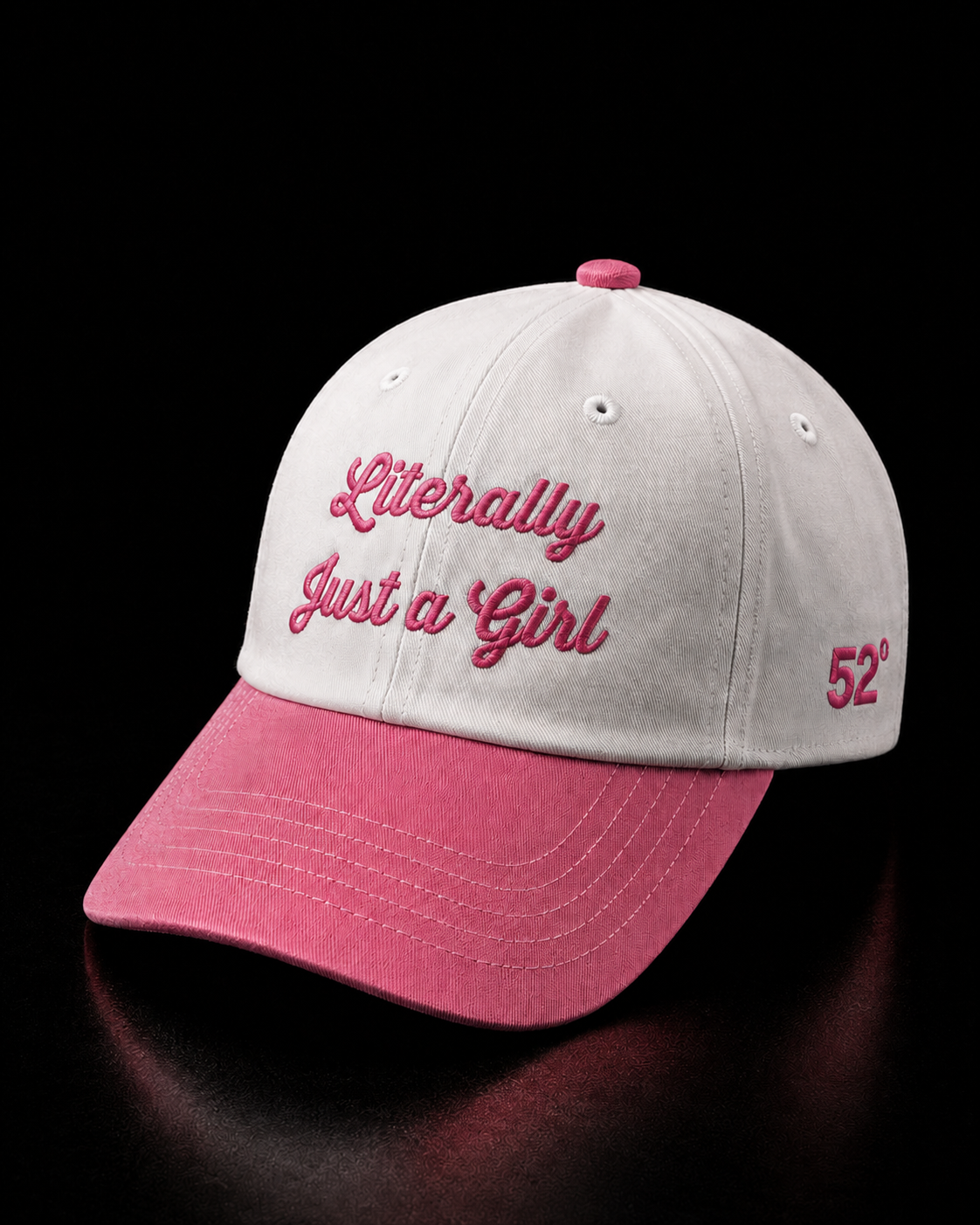 White and pink cap with 'Literally Just a Girl' text on a black background