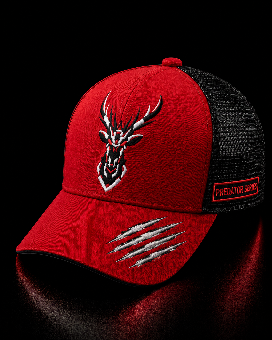 Red and black cap with a deer logo and 'Predator Series' text on a dark background