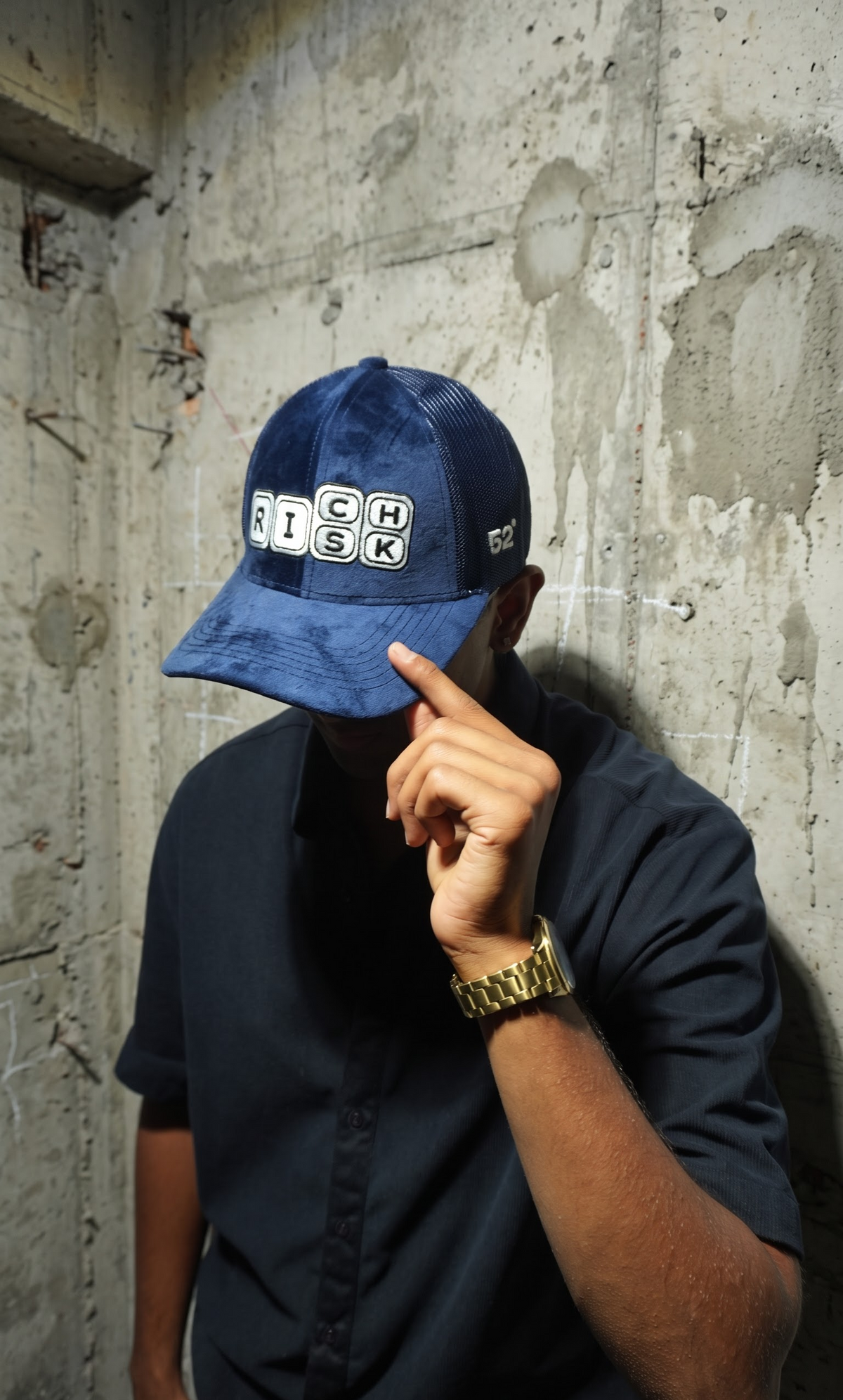 Risk/Rich - blue suede unisex trucker cap
