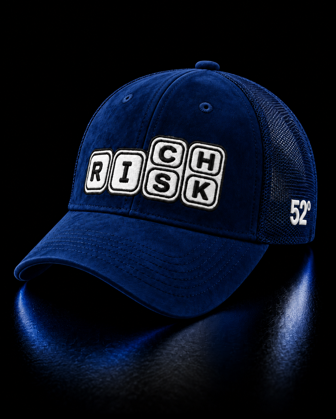 Risk/Rich - blue suede unisex trucker cap