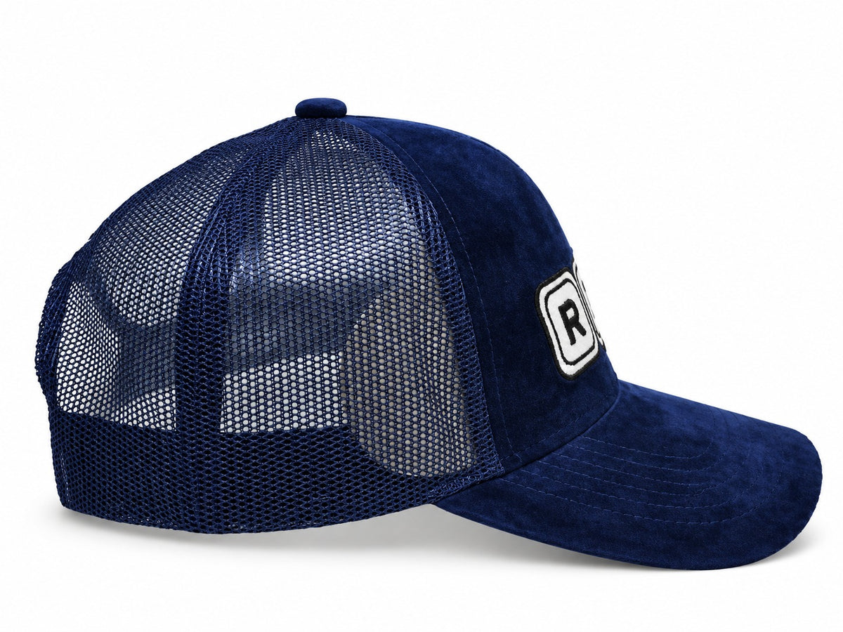 Risk/Rich - blue suede unisex trucker cap